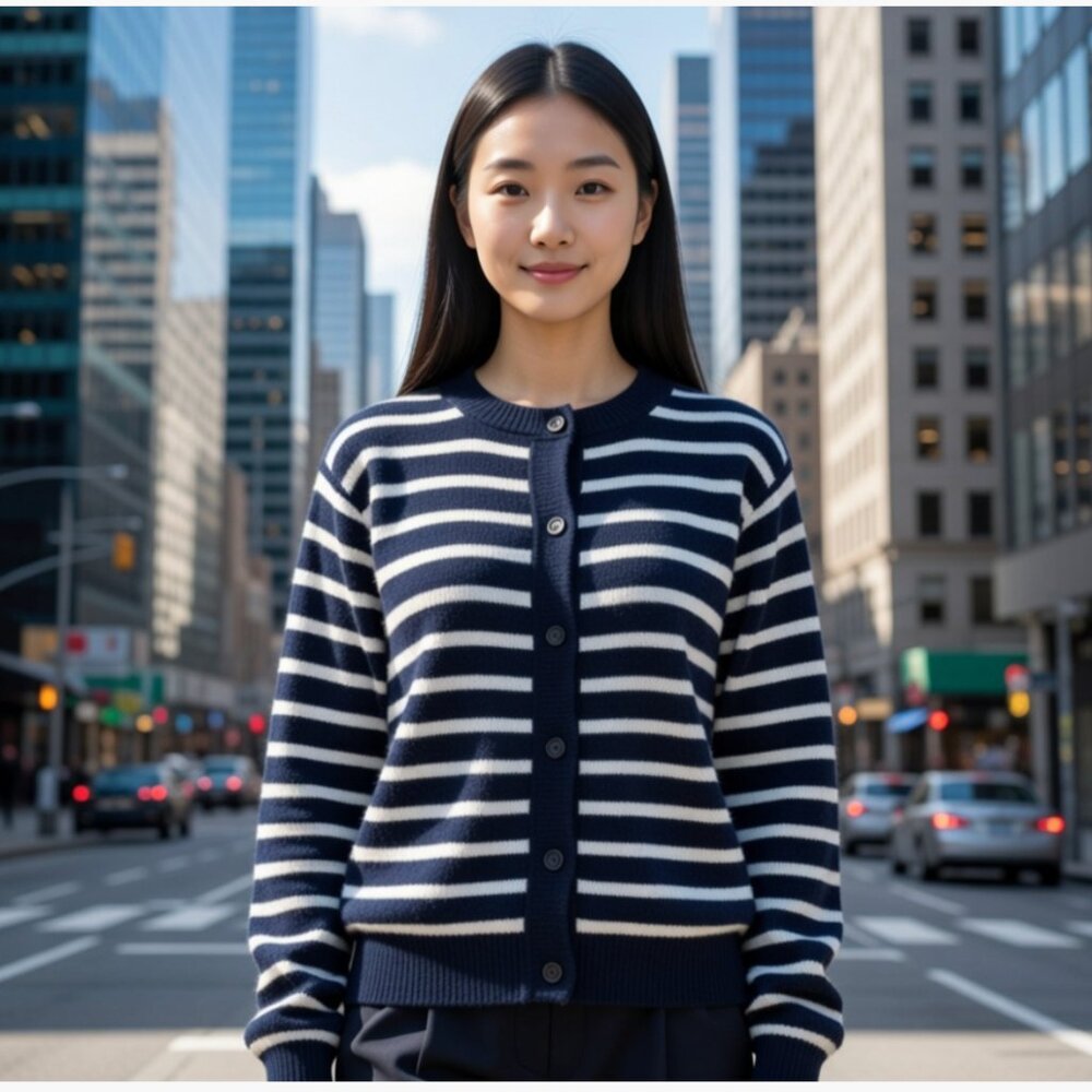 NWT French Connection Navy Blue White Striped Cardigan Wool Blend Sweater M
